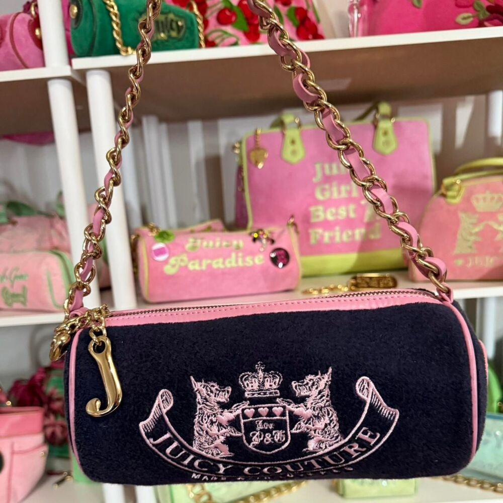 Y2K Vintage Rare Juicy Couture Scottie Dogs Navy & Pink Velour Barrel Bag SOLD